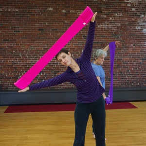 May include: Two people are stretching with pink and purple resistance bands. The woman in the foreground is holding a pink resistance band above her head and stretching her arm to the side. The woman in the background is holding a purple resistance band and stretching her arm to the side.