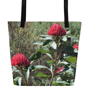 Emperor Waratah Gorgeous Red and Heart Leaf Flame Pea Celebrate Australian Botanical Colour - with pocket - All-Over Print Large Tote Bag