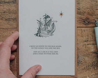 Carte de voeux poème Sea Fever, carte de voeux poème, carte typographique, carte de voeux, carte bateau, carte de voile, John Masefield