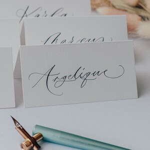 Handwritten wedding place cards written in modern calligraphy, place cards, white wedding, escort card, luxury wedding stationery, name tags image 7