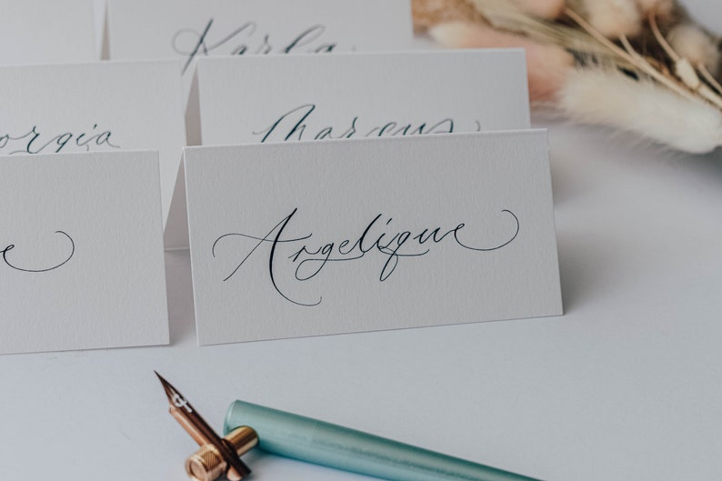 Handwritten wedding place cards written in modern calligraphy, place cards, white wedding, escort card, luxury wedding stationery, name tags image 7