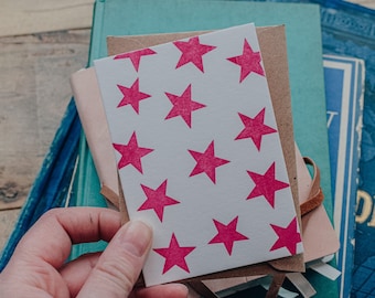 Pink Stars Letterpress Birthday Card, Letterpress Card, Greeting Card, Stars Card, Pink & White Card