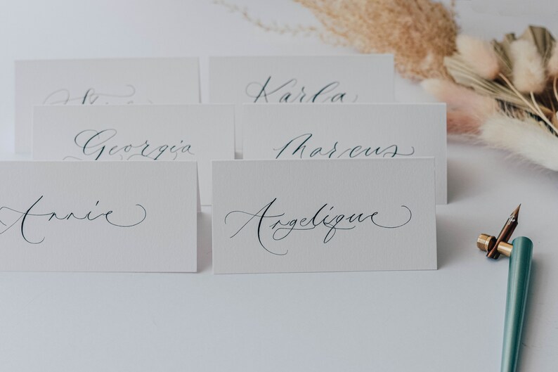 Handwritten wedding place cards written in modern calligraphy, place cards, white wedding, escort card, luxury wedding stationery, name tags image 6