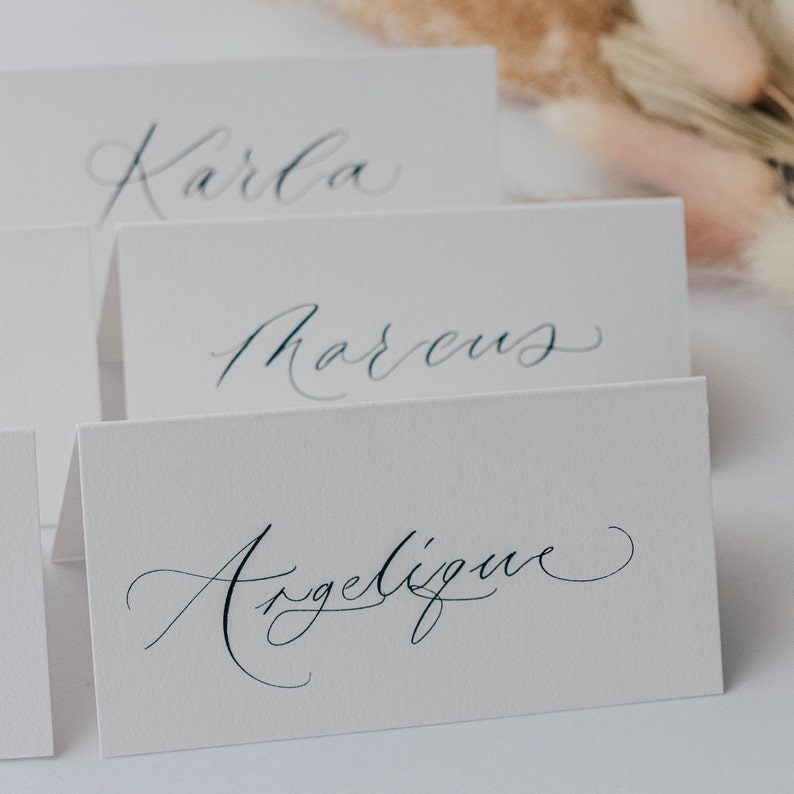 Handwritten wedding place cards written in modern calligraphy, place cards, white wedding, escort card, luxury wedding stationery, name tags image 1