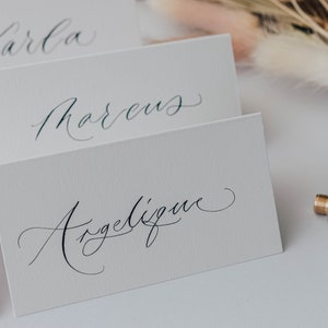 Handwritten wedding place cards written in modern calligraphy, place cards, white wedding, escort card, luxury wedding stationery, name tags image 3