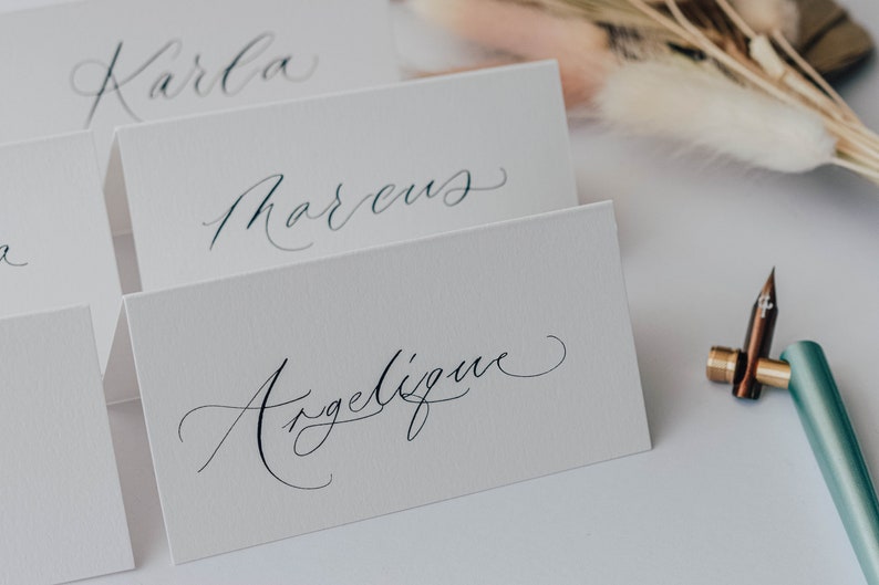 Handwritten wedding place cards written in modern calligraphy, place cards, white wedding, escort card, luxury wedding stationery, name tags image 3