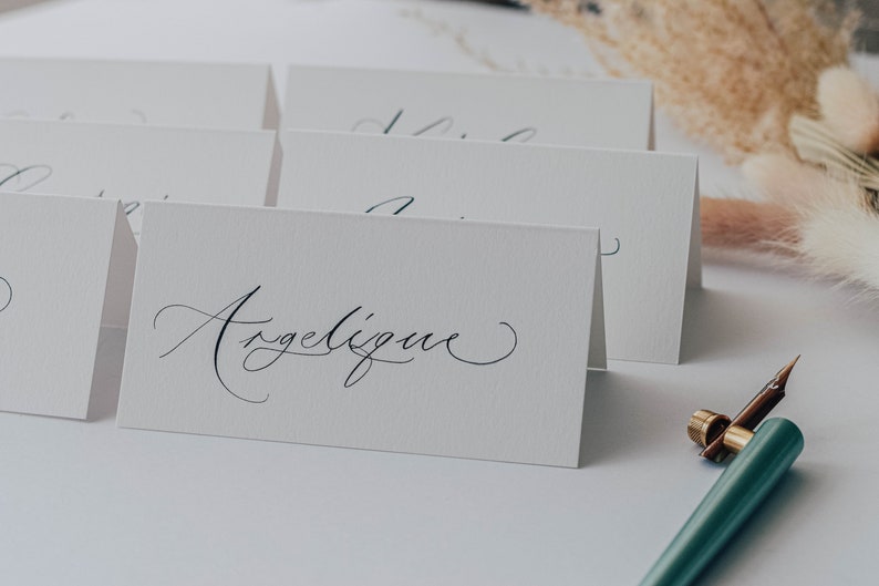 Handwritten wedding place cards written in modern calligraphy, place cards, white wedding, escort card, luxury wedding stationery, name tags image 5