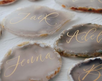 Natural agate slices written in modern calligraphy, name cards, place cards, escort cards, luxury wedding stationery, name tags