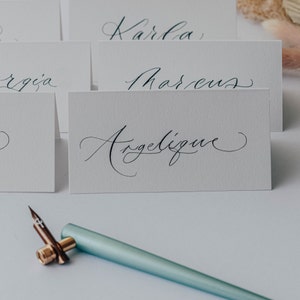 Handwritten wedding place cards written in modern calligraphy, place cards, white wedding, escort card, luxury wedding stationery, name tags image 2