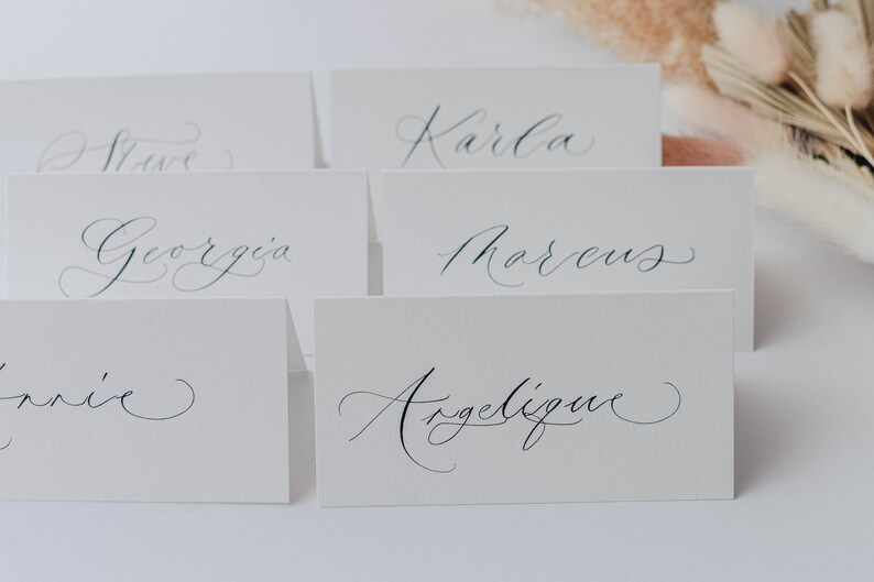 Handwritten wedding place cards written in modern calligraphy, place cards, white wedding, escort card, luxury wedding stationery, name tags image 4