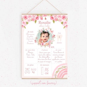 Affiche anniversaire ou baptême personnalisée "Rosalie" - Rosé - fleurs - arc-en-ciel - première année bébé - naissance - grossesse - enfant