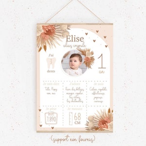 Affiche anniversaire/baptême personnalisée "Boho" - coeur - pampas - bébé - enfant - bohème - fleurs - neutre
