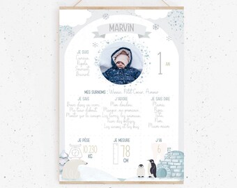 Affiche anniversaire ou baptême personnalisée “L’Antarctique” - pingouin - manchots - ours - bébé - enfant - personnalisable