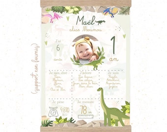 Affiche anniversaire ou baptême personnalisée "Petit Dino" - animaux - dinosaures - savane - souvenirs - garçon - jungle - bébé - enfant