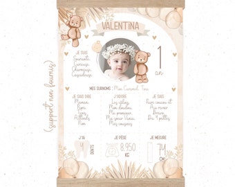 Affiche anniversaire/baptême personnalisée "Petit ourson" - fleurs - mon soleil - bohème - bébé - naissance - grossesse - enfant - pampas