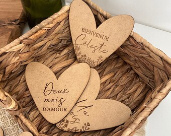 Cartes étapes bébé « Mon coeur » en bois - fleurs - tendance - neutre - grossesse - naissance - Première année bébé -