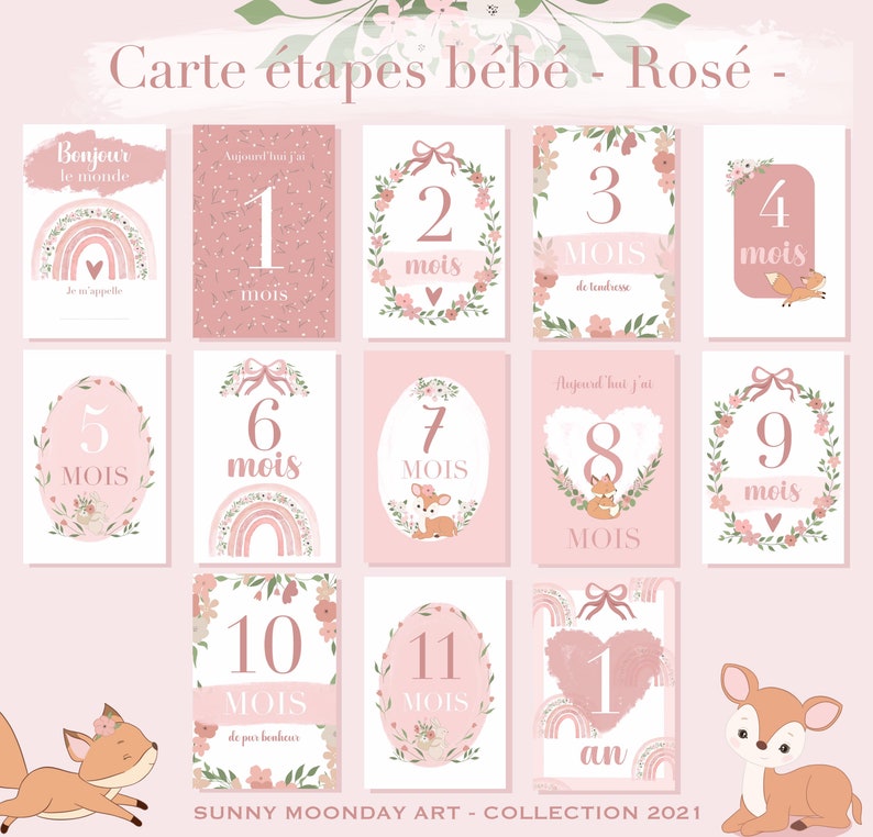 Cartes étapes bébé 1 ère année Rosé // arc-en-ciel // fleurs // mois anniversaires // rose image 8