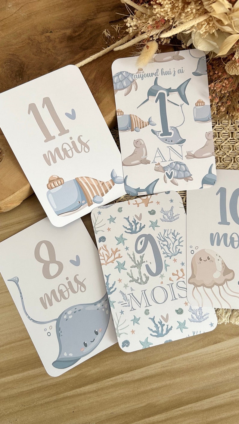 Cartes étapes bébé de la mer - Animaux - baleine - océan - naissance - photos souvenirs bébé - Première année bébé - cadeau grossesse image 7
