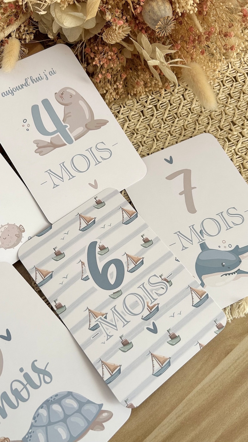 Cartes étapes bébé de la mer - Animaux - baleine - océan - naissance - photos souvenirs bébé - Première année bébé - cadeau grossesse image 6