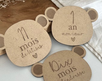 Cartes étapes « Ourson » en bois - mignon - animaux - première année bébé - naissance - grossesse - cadeau naissance - maternité