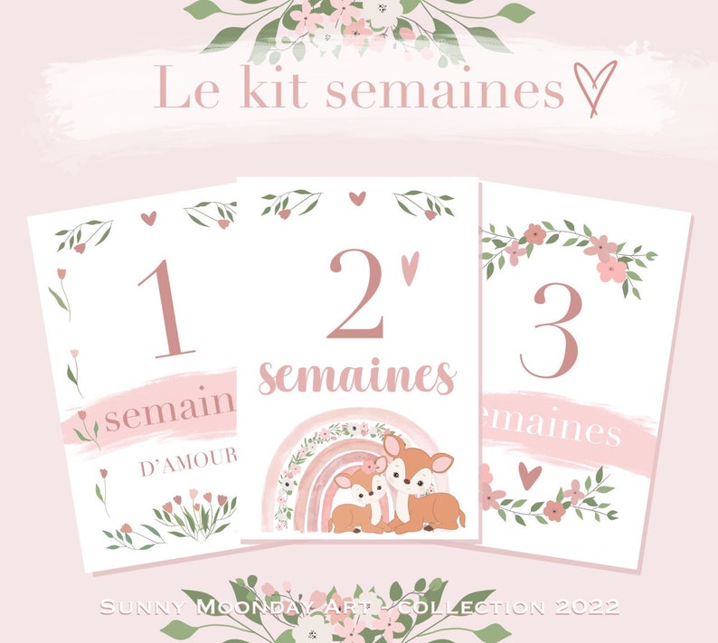 Cartes étapes bébé 1 ère année Rosé // arc-en-ciel // fleurs // mois anniversaires // rose image 9