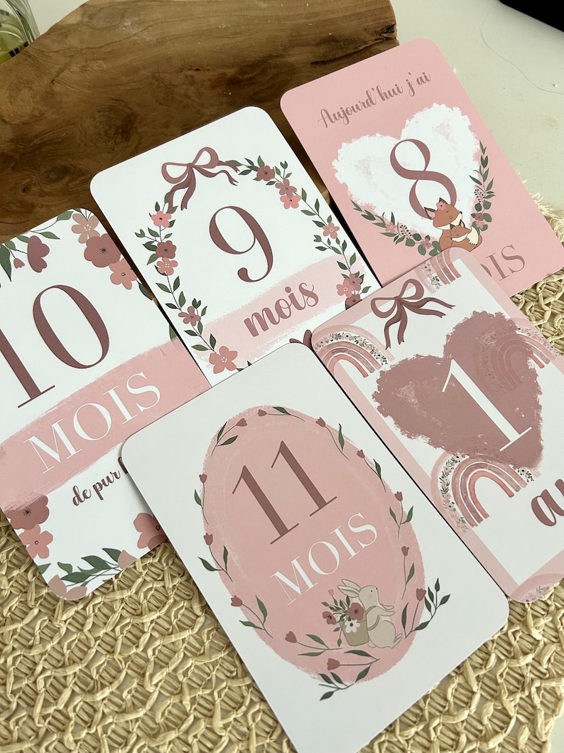 Cartes étapes bébé 1 ère année Rosé // arc-en-ciel // fleurs // mois anniversaires // rose image 5