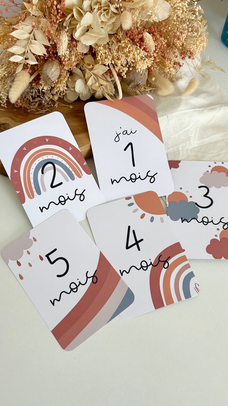 Cartes étapes bébé Mon Soleil - arc-en-ciel - Première année bébé - mois anniversaires - grossesse - cadeau naissance - souvenirs - boho image 5