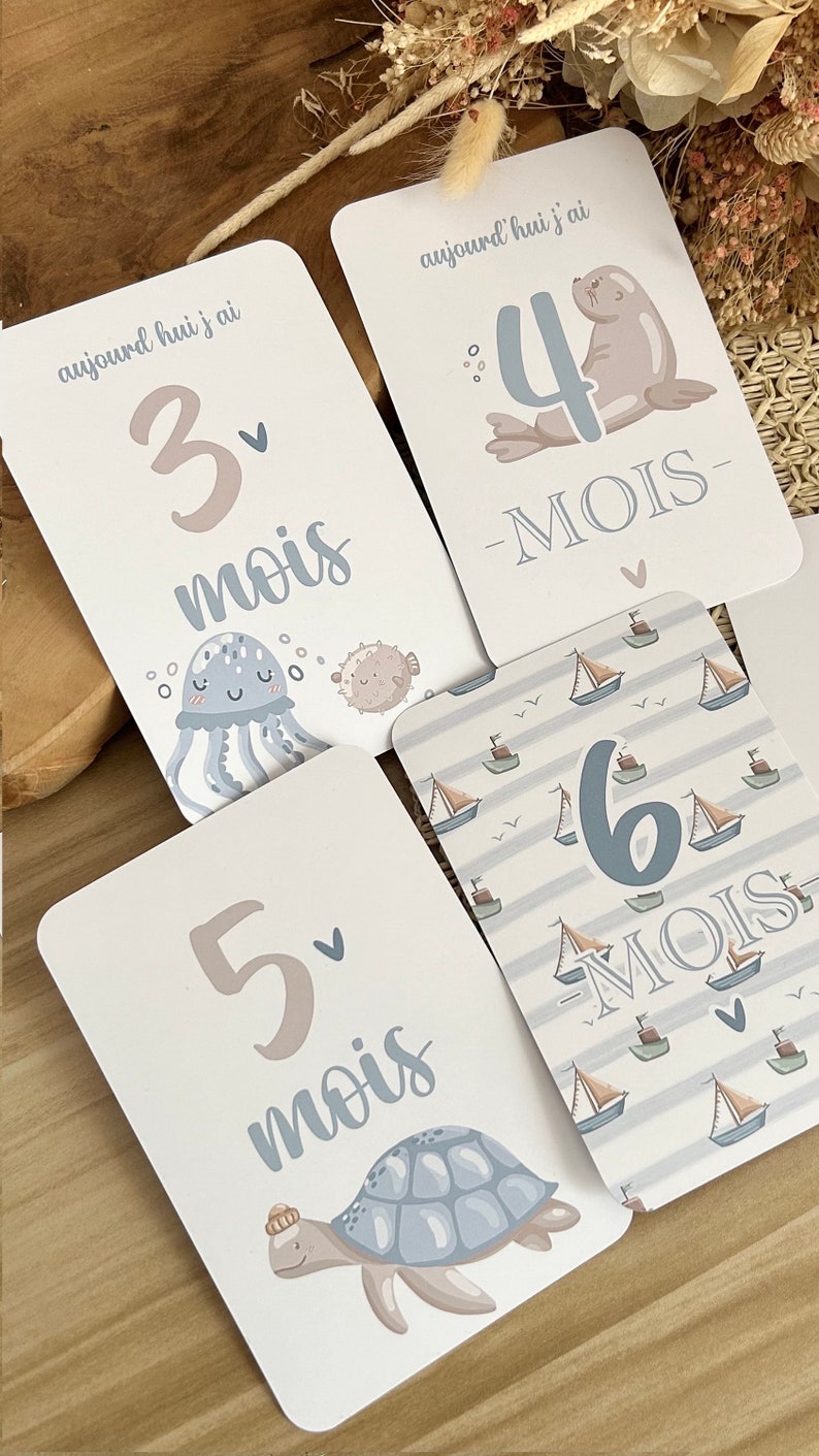 Cartes étapes bébé de la mer - Animaux - baleine - océan - naissance - photos souvenirs bébé - Première année bébé - cadeau grossesse image 5