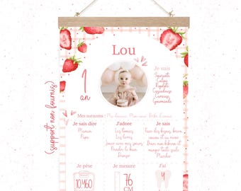 Affiche anniversaire/baptême personnalisée "Fraise" - mignon - fruits - champêtre - bébé - naissance - grossesse - enfant - petite fille