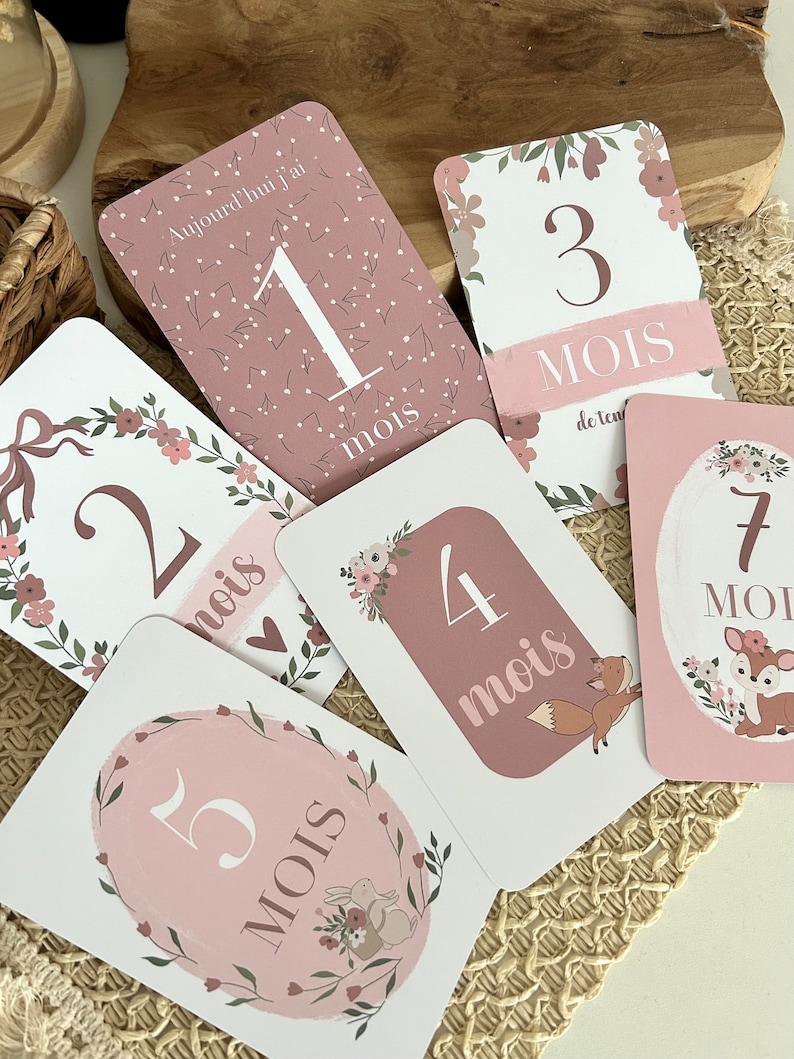 Cartes étapes bébé 1 ère année - Rosé - // arc-en-ciel // fleurs // mois anniversaires // rose image 4