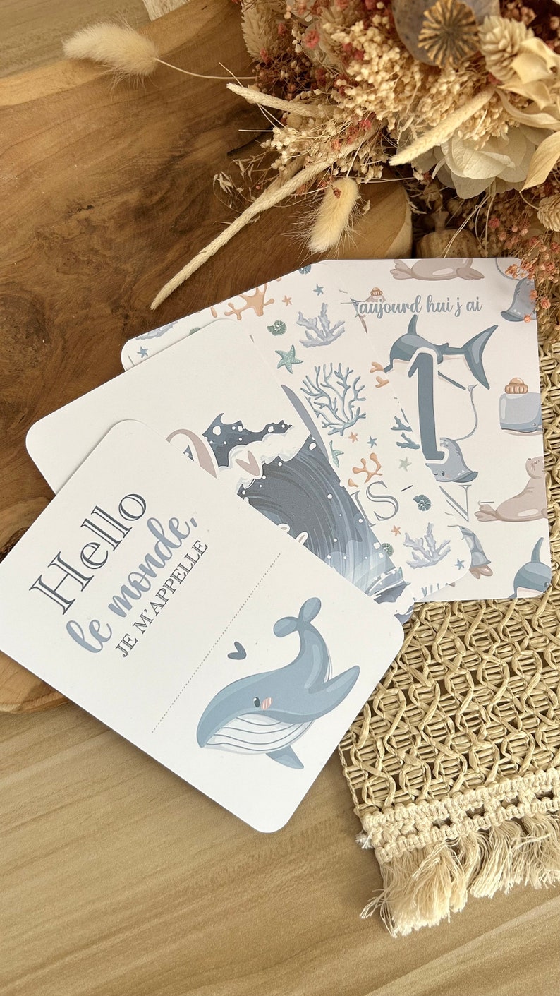 Cartes étapes bébé de la mer - Animaux - baleine - océan - naissance - photos souvenirs bébé - Première année bébé - cadeau grossesse image 1