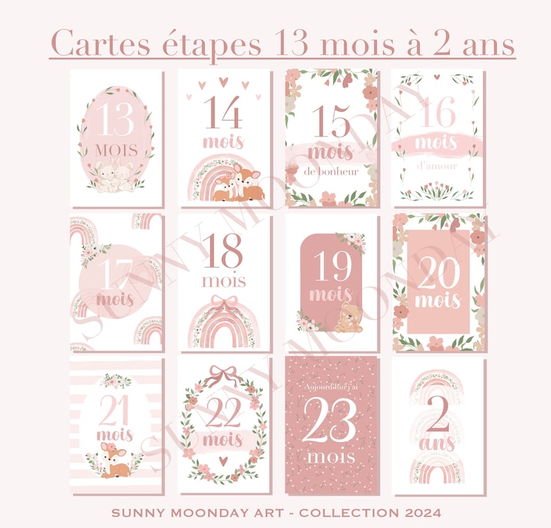Cartes étapes bébé 1 ère année - Rosé - // arc-en-ciel // fleurs // mois anniversaires // rose image 6