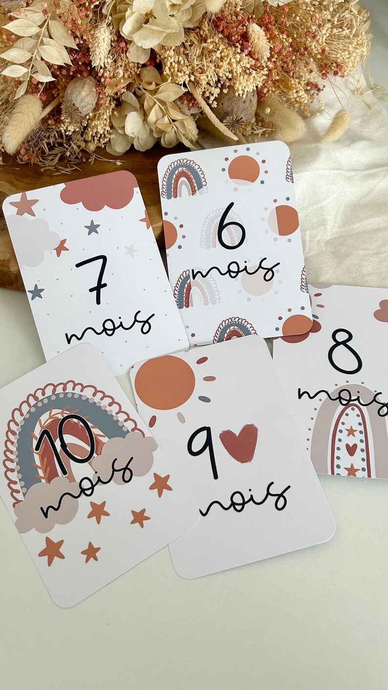 Cartes étapes bébé Mon Soleil - arc-en-ciel - Première année bébé - mois anniversaires - grossesse - cadeau naissance - souvenirs - boho image 6