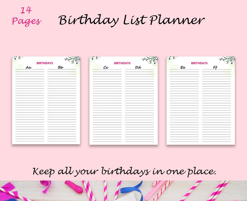 photo relating to Birthday List Printable identified as Printable Birthday Planner, Birthday Checklist, Printable Birthday Tracker, Alphabetical Birthday, Birthday Calendar, Birthday Reminder, PDF,