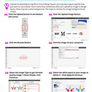 May include: A step-by-step guide on how to remove the background from an image using Cricut Design Space. The guide includes screenshots of the Cricut Design Space interface, showing the steps to upload an image, select the image type, and remove the background.