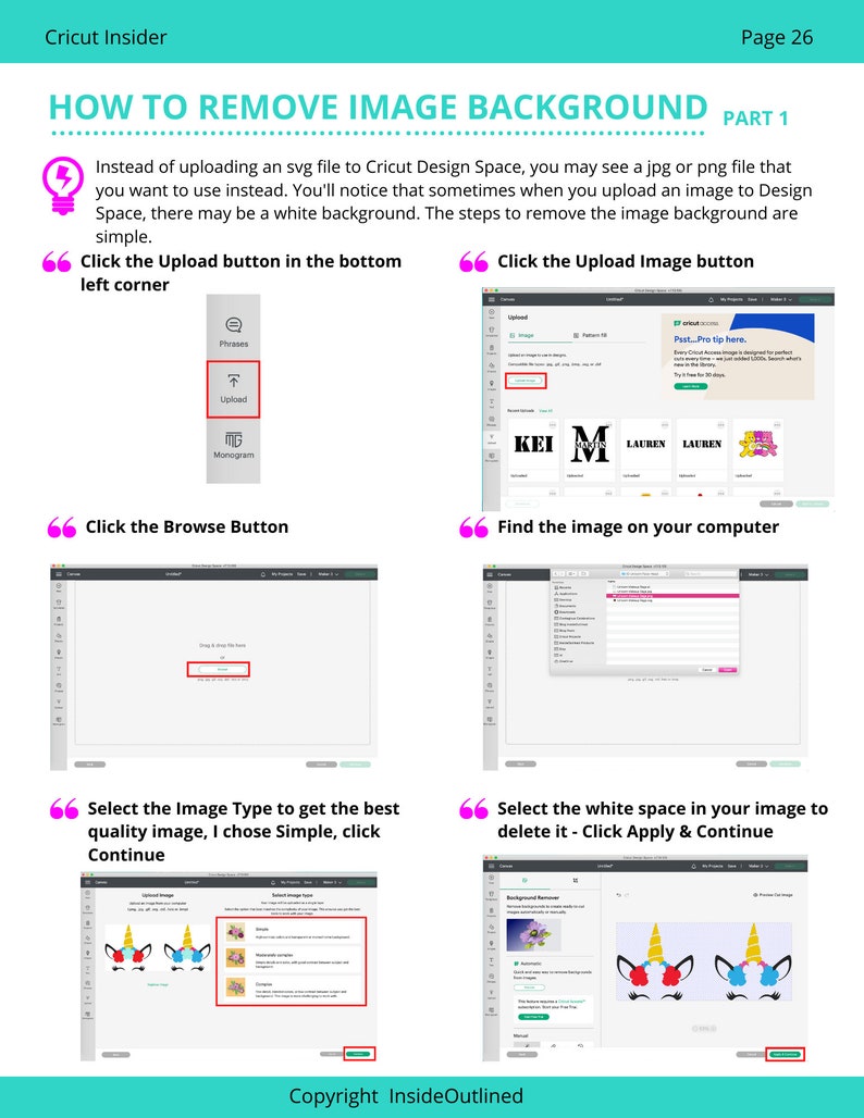 May include: A step-by-step guide on how to remove the background from an image using Cricut Design Space. The guide includes screenshots of the Cricut Design Space interface, showing the steps to upload an image, select the image type, and remove the background.