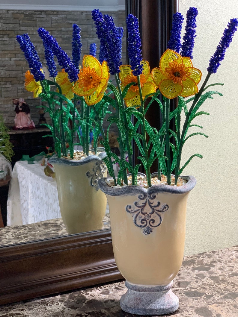 Beaded Lavender with Yellow Narcissus/Daffodil Bouquet in a Etsy