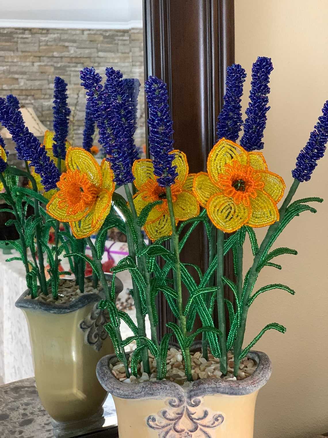 Beaded Lavender with Yellow Narcissus/Daffodil Bouquet in a Etsy