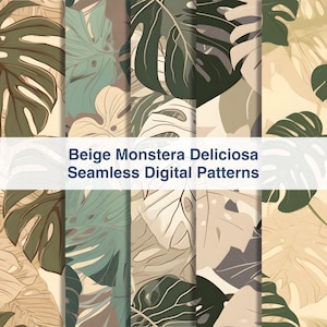 Op de afbeelding: Vijf naadloze digitale patronen met beige en groene Monstera Deliciosa bladeren.