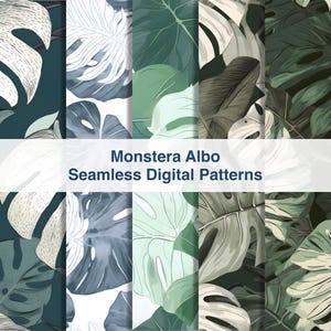 May include: A set of six seamless digital patterns featuring various designs of Monstera Albo leaves in shades of green, white, and grey. The patterns are perfect for creating unique and stylish designs for home decor, fashion, and more.