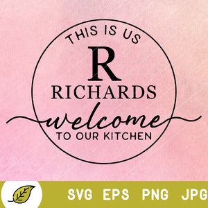 May include: A black and white circle with the text "This is us R Richards welcome to our kitchen" in a white circle.