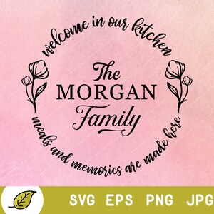 May include: A pink and peach gradient background with a circular design. The design features the text "welcome in our kitchen" and "meals and memories are made here" around the edge. The text "The MORGAN Family" is in the centre. Includes SVG, EPS, PNG, and JPG file formats.