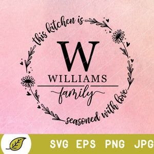 May include: A circular design featuring a floral wreath and the text "This kitchen is seasoned with love." The design includes the letter "W" above the name "Williams Family" in a decorative font, set against a pink watercolor background.