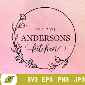 May include: Black and white logo design featuring a floral wreath and the text "EST. 2021 Andersons Kitchen".