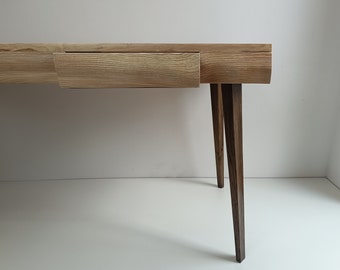 Desk with drawers, from solid wood - thick live edge top, sculpted - for office, study, studio