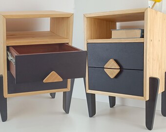2er-Set – Nachttisch aus Holz mit schwarzen Akzenten – Tomorrow. Holzart zur Auswahl