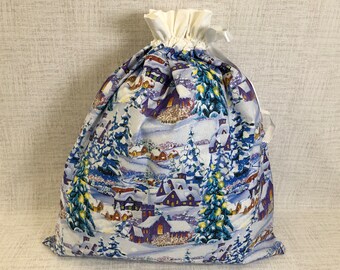 Reusable Fabric Gift Bag With Drawstring Top, Christmas, Holiday, Large