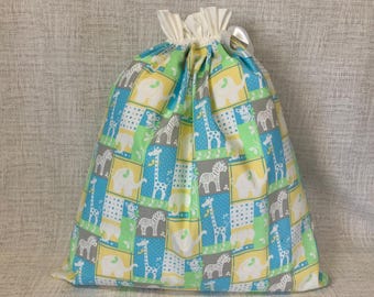 Reusable Fabric Gift Bag for Baby Boy with Drawstring, Jungle Animals, Safari, Large