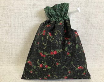 Reusable Fabric Gift Bag With Drawstring Top, Christmas, Holiday, Small