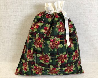 Reusable Fabric Gift Bag With Drawstring Top, Christmas, Holiday, Large